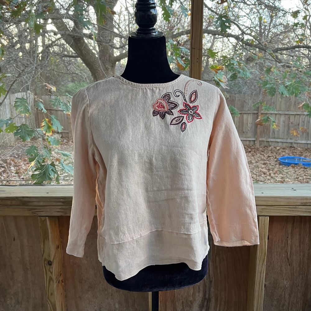 Hot Cotton Women's 100% Linen Embroidered Beige Top Size S